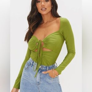 Olive Slinky Long Sleeve Lace Up Tie Detail Bodysuit
- never worn, size 12